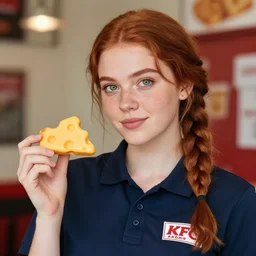 photo of a young woman with auburn hair with a single braid, freckles, green eyes, and a kentucky fried chicken employee shirt, holding a piece of cheese shaped like kentucky