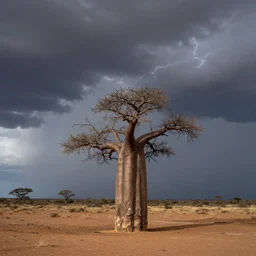 a dramatic landscape photo by ryan dyar of a thunderstorm over a lonely baobab tree in the namib desert, highly detailed, 1 4 mm f 1. 4 lens, nikkor, canon