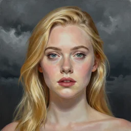 professional painting of Elle Fanning in the style of Andrea Kowch, head and shoulders portrait, symmetrical facial features, smooth, sharp focus, illustration, intricate, stormy weather, extremely detailed masterpiece,