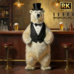 painting of a polar bear dressed with a tuxedo and a top hat at a bar, standing on two legs on the floor. art by william adolphe bouguereau. during golden hour. extremely detailed. beautiful. 4 k. award - winning. beer tap.