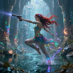 Extreme long Shot of psychodelic Ellie in mysterious astral temple  jumpin with pistol in river of chromatic SPIRITS , beautiful, dmt, trending on artstation, omnious, soft, hypermaximalistic, high details, cinematic, 8k resolution, artwork by Wong, Liam