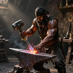 a muscular dwarf blacksmith in blacksmith clothes swinging hammer down forging a sword on an iron anvil, cinematic, epic, by greg rutkowski, archvillain, titanforge, blizzard, hearthstone, greg rutkowski, craig mullins, jeff easley, mtg, wotc