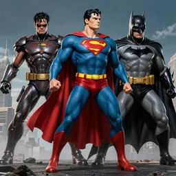 Superman Battles Batman, Designed By Moebius Yasushi Nirasawa and HR Giger, full body action pose, hyperrealistic, octane render, HDR, volumetric lighting,