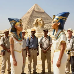 a rare candid scene taken of young queen nefertiti and tutankhamun at the construction of the khufu pyramid talking to workers from the award winning ron howard film before they were pharohes, dslr