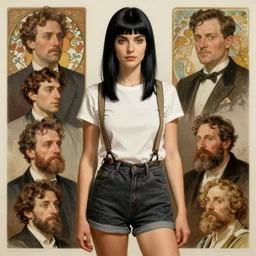 a woman with black hair and long pixie haircut in shorts with suspenders and white t-shirt drawn by William Holman Hunt, norman rockwell, frank frazetta, alphonso azpiri, maler collier, peter paul rubens, alphonse mucha, gustav klimt 4k, unreal 5, DAZ, french noveau, trending on artstation, octane render, hyperrealistic