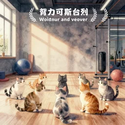 watercolor illustration style, cute cats training in the fitness studio environment