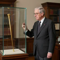 a rutgers university president looking wistfully at a golden cane in a glass display in office, 1 9 2 8