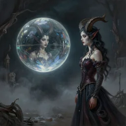 By Tom Bagshaw, ultra realist soft painting render of a curiosities carnival scene, Beautiful demonic horned female in long curvy gothic dress watching an octane render of a floating transparent glass sphere, reflection and refraction, gods ray, symmetry accurate features, very intricate details, deep fog, dark fantasy background, artstation