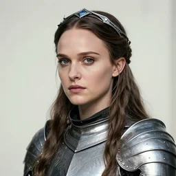 head and shoulders portrait of a female knight, young natalie portman, armored, circlet, game of thrones, eldritch, by artgerm, alphonse mucha, silken hair, etched breastplate, sharp focus, high key lighting, vogue fashion photo