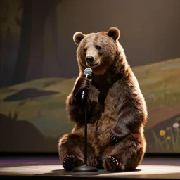 A sad bear on a stage talking into a microphone