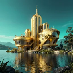 photo hyper realistic concept architecture art house solarpunk in the funny lake, style futuriste brutalism, gold and black turquoise ratio,, octane render excellent composition