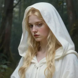 close up portrait of the goddess of memory descending over a forest, white hood, blonde, fantasy, magical, realistic and detailed, spiritual, intricate, elegant, highly detailed, digital painting, trending on artstation, by wlop, 4 k octane render