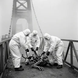 old black and white photo, 1 9 1 3, depicting scientists in hazmat suits removing an alien biomechanical corpse on a bridge, historical record, volumetric fog