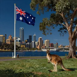 A beautiful painting of Australian city summer night, Australian flag on pole, kangaroo under a tree, hyperrealistic, artstation, detailed, cinematic lighting, concept art, photorealistic