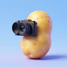 color studio shot of a potato that is also a camera