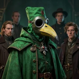 A fancy portrait of a green plague doctor wearing a beak mask by Greg Rutkowski, Dan Mumford, Christophe Vacher, Sung Choi, Mitchell Mohrhauser, Bloodborne, 8k photorealistic, volumetric lighting, HD, high details, dramatic, dark atmosphere, trending on artstation