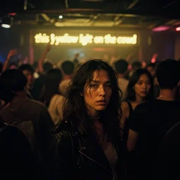 dramatic scene shallow depth of field photograph of a nightclub scene titled'this yellow light on the crowd ', photographed by nicholas winding refn and john woo, grainy shocking detail trending on artstation 8 k