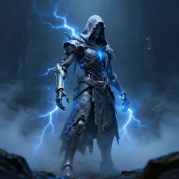 character design, biomechanical arcanist, tattered hood, blue lightning, blue mist, fog, scary, photorealistic, cinematic, hyper realistic, octane render, 8 k, wide angle