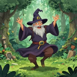 a funky wizard dancing in a green glade