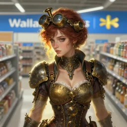 woman model, steampunk!!! and modern, in a wallmart!!!!!!!!!!!!, top view, rgb, backlit, elegant, highly detailed, digital painting, artstation, concept art, smooth, sharp focus, illustration, art by krenz cushart and artem demura and alphonse mucha