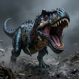 pearlescent black lilith! the mother of all monsters!! mouth open, covered in iridescent glitter!!, raining ash, fine art masterpiece, highly detailed dino valls wayne barlowe machiej kuciara, dramatic lighting, long shot, high angle, uhd 8 k, sharp focus