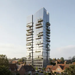 a neofuturistic residential skyscraper with reflective windows and garden balconies rising above an old English village