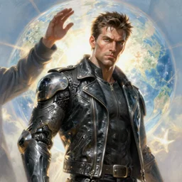 a high detailed hyper - detailed painting of a rebel cyborg with a leather jacket, he wants to help free humans and eliminate the governments of the earth so that people can live in freedom and self - government but for that he needs to help raise human and robotic knowledge, psychedelic surreal magical dystopian technological utopian psycho spiritual art, chaotic anarchist art fulcolor