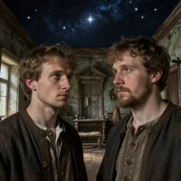 udmurt twins uncovering the mysteries of long forgotten room with a starlit ceiling, in the style of konstantin razumov, detailed faces, extremely detailed