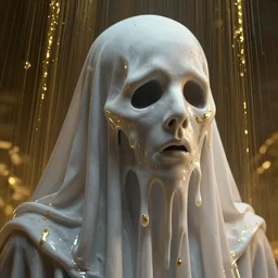 Hyper realistic portrait of a ghost with melting face, gold raining in the background, Cinematic lighting, ultra super good realistic 3D render by Gerald Brom and Zdzisław Beksiński, insanely detailed, trending on artstation, 8k