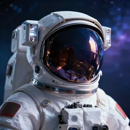 photorealistic scene of a cyberpunk astronaut helmet with light reflection and cosmos background, 8k, cinematic, epic