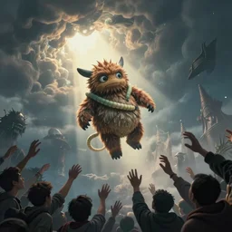 a long furby sent down from the gods to smite evil in the world and wearing a worm on the string boa, people are reaching out to embrace the furby as it descends from the sky blanketed in the light of the gods