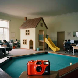 a weird place, house, playground, office, pool, interior, room full of people but now empty with eerie feeling, disposable colored camera, camera flash, unusual place, unsettling, kids place