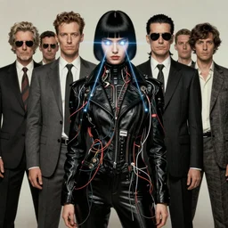 dark cyberpunk face of fashion model with lasers from the eyes, a lot of wires around by ayami kojima, by francis bacon, by amano, by karol bak, greg hildebrandt, by mark brooks, by alex grey, by zdzisław beksinski, by takato yamamoto, vintage style, high resolution, ultra detailed, wide shot symmetry portrait