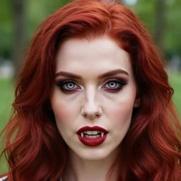 award winning 5 5 mm close up face portrait photo of an anesthetic and beautiful redhead vampire lady who looks directly at the camera with blood - red wavy hair, intricate eyes that look like gems, and long fangs, in a park by luis royo. rule of thirds.