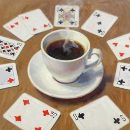 an oil painting study of a cup of coffee on a wooden table surrounded by playing cards. brush strokes, hard edges.