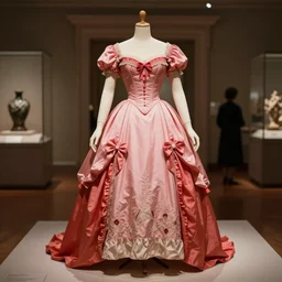 the film still photographed image is a vintage royal portrait gown from the 1 9 5 0 s. the ensemble is inspired by red pink blush fairy. it is displayed on a mannequin in a museum exhibit.