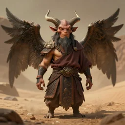 portrait of a friendly!, good spirited!!! daemon monk warrior, small horns, large wings, in the style of victor adame minguez, trending on artstation, desert background, shadowy, chaotic undertones, high detail 8 k, unreal engine 4