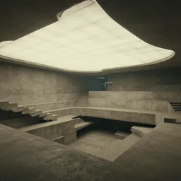 noisy photograph of a large liminal underground garden, sky made of ceiling panels, retrofuturism, brutalism, staggered terraces, hidden area, unknown space, minimalist, cinematic, soft vintage glow, unreal engine