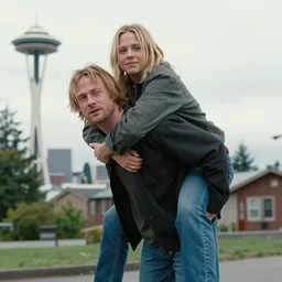 kurt cobain giving a piggy back ride to krist novosellic as a photograph with seattle, movie still, 8 k,