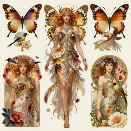 Character concept spot illustrations of fashion featuring butterfly wings and exotic birds and exotic flower petals motifs and aesthetic and colors, full-body, bloom, dynamic poses, diaphanous cloth, intricate crystalline and feather jewelry, ornate, filigree, arcane, cinematic lighting, by Alphonse Mucha, by Artgerm, by Bouguereau, by Sakimichan, fantasy, portfolio illustration, highly detailed, trending on Artstation, CGsociety, HQ, 8k, 35mm lens, f2.8, Bokeh,