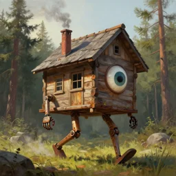 a walking wood house with two mechanical legs and one big eye, smoky chimney, rust, hyperrealistic, highly detailed, cinematic, single ray of sun, morning, pareidolia, dynamic composition, gravity falls style, beautiful, pine trees in the background, cgssociety, artstation, 8 k, oil painting, by rhads