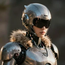 Robot with a curved visor-like screen as a face, with a furry, but armour-plated body.
