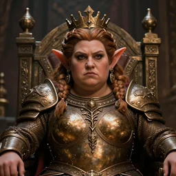 portrait | chubby female dwarf queen | bronze dwarven breastplate | elaborated braided hair | style by greg rutkowski, wayne reynolds, jeff easley dramatic light | high detail | cinematic lighting | artstation | regal and proud robust woman | bold serious expression | dungeons and dragons | throne room |