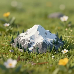 miniature snow - capped mountain sitting among blades of grass and wildflowers in a field, trending on artstation, digital art ( by joseph meehan ) ( by victor adame ) ( by anna steinbauer )