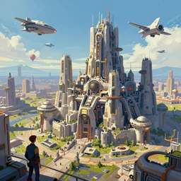 concept art by jama jurabaev and jan urschel, cel shaded, cinematic shot, trending on artstation, high quality, brush stroke, vibrant colors, science fiction, mechanical fortress, castle, industrial development, urban agglomeration, future science fiction, spaceship, aircraft