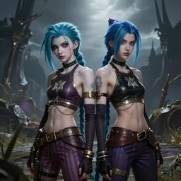 “jinx and vi from league of legends, style of Leonid afremov”