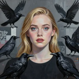 Elle Fanning surrounded by black crows picture by Sachin Teng, asymmetrical, dark vibes, Realistic Painting , Organic painting, Matte Painting, geometric shapes, hard edges, graffiti, street art:2 by Sachin Teng:4