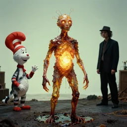 the strange creature, made of glowing oil, they suffer from elevatophobia, film still from the movie directed by denis villeneuve and david cronenberg with art direction by salvador dali and dr. seuss