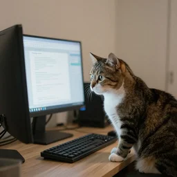 cat is working on computer