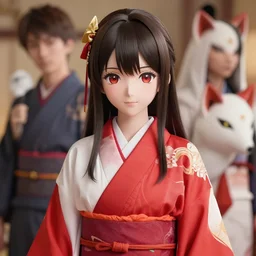 Ssunbuki as a beautiful young kitsune wearing a red and white kimono, anime, portrait, visualartzi, concept art by Karla Ortiz, James Paick, Charlie Bowater, Krenz Cushart, highly detailed, ultra detailed, ultra realistic, trending on artstation, cgstudio
